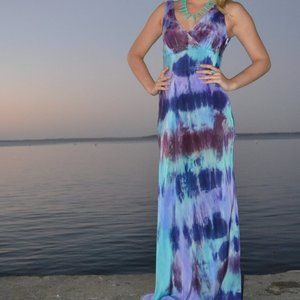 New painted striped silk maxi bridesmaid resort beach dress white blue purple XS